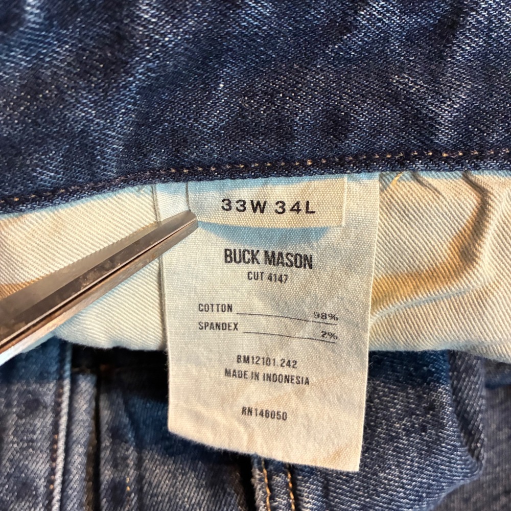 Buck Mason Maverick Slim Jeans Mens 33x34 [Fits 33x33] Button Fly Double Dipped - Picture 15 of 16